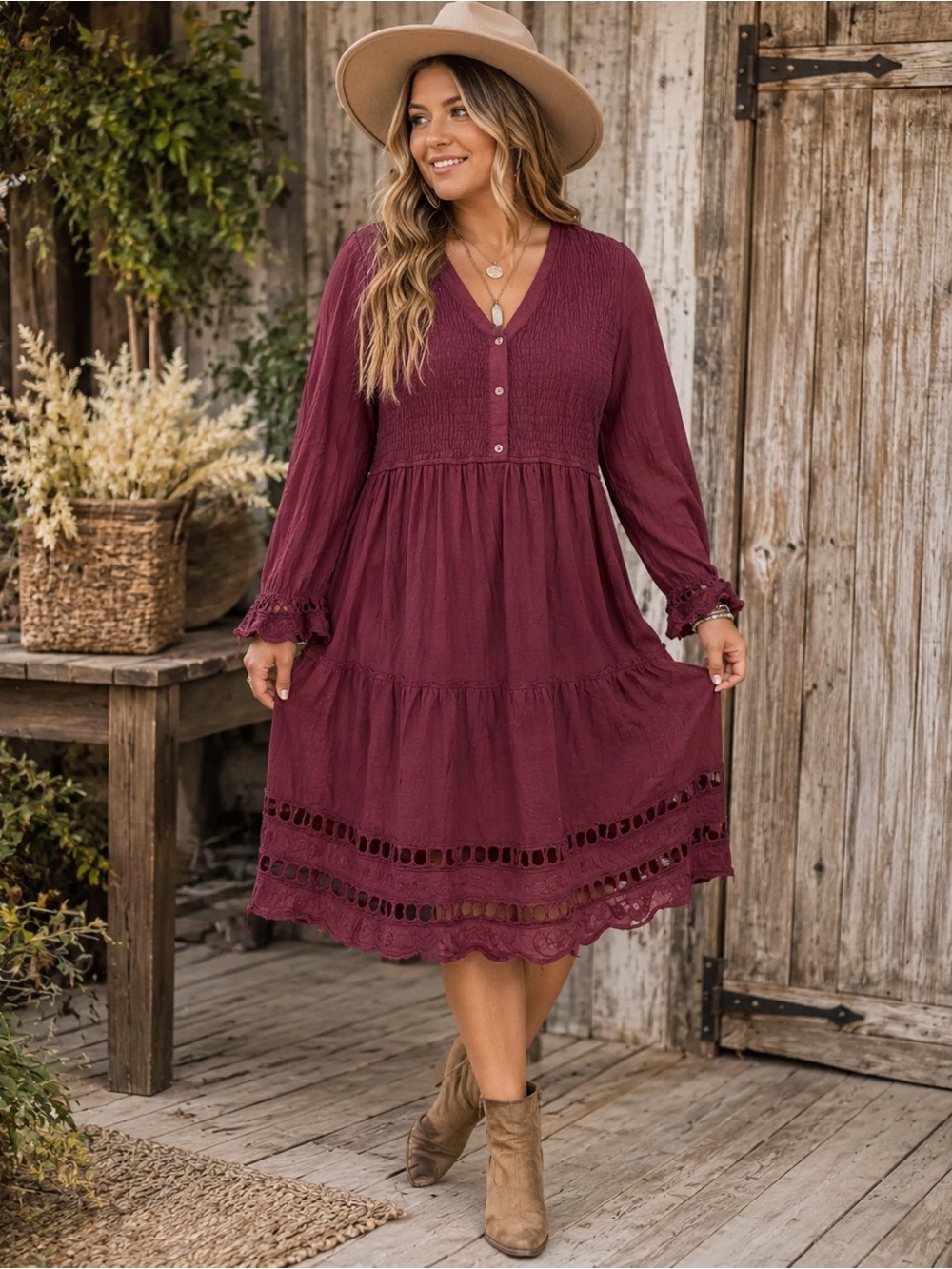Boutique Dress | Lucy Avenue Burgundy Boho Midi Dress | Size Large